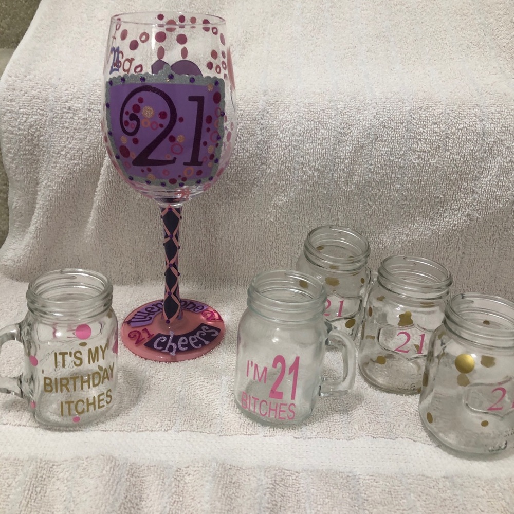 Lolita Happy 21st Birthday Wine Glass 15 oz.  Purple Pink Bubbles + shot glasses